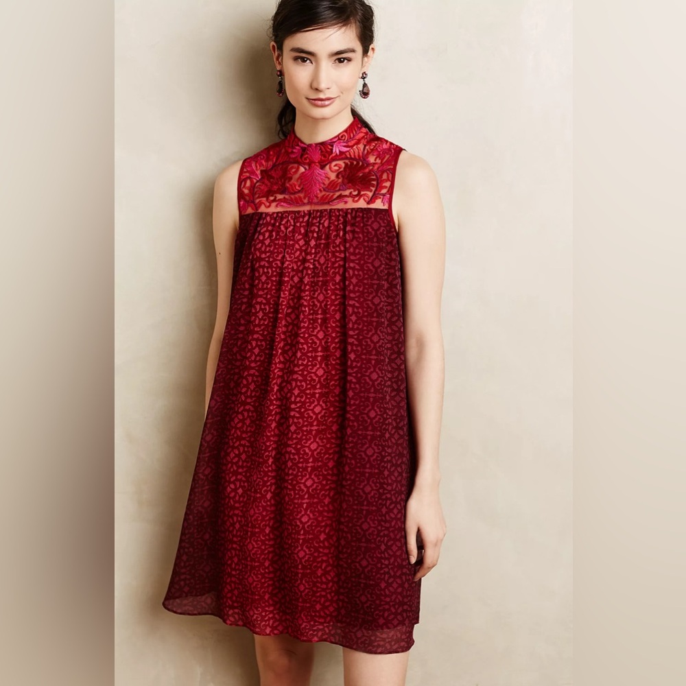 Anthropologie Red Sleeveless Embroidered Yoke Swing Dress